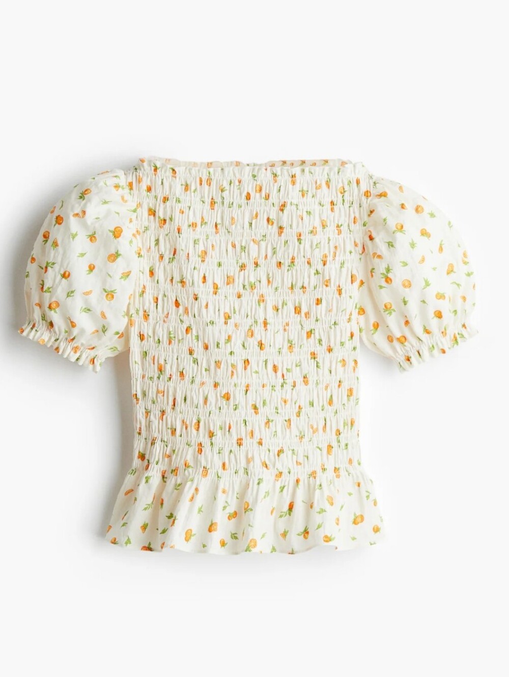 Divided H&M Citrus Orange Fruit Print Smocked Puff Sleeve Cottage Boho Chic Top